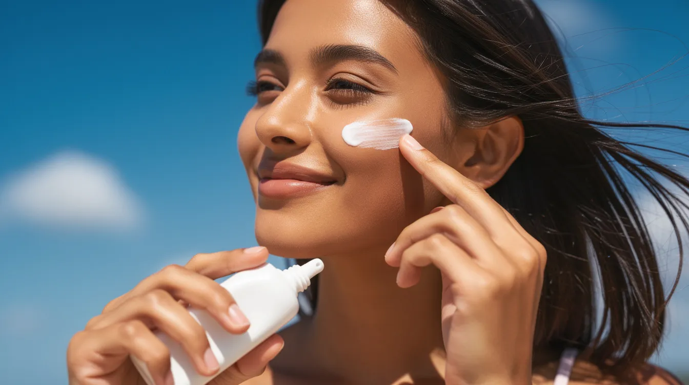 Una mujer se aplica protector solar en el rostro, mientras se encuentra frente a un cielo soleado. La imagen resalta la importancia de la protección solar para mantener la piel saludable y prevenir daños por la exposición al sol.