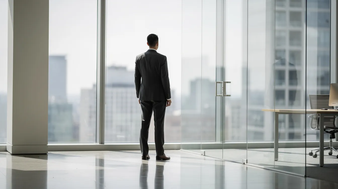 Une personne se tient debout, face à une grande fenêtre de bureau, adoptant une posture assurée qui reflète la confiance en soi. La lumière naturelle inonde cet environnement professionnel moderne, symbolisant le bien-être et l'estime de soi au travail.