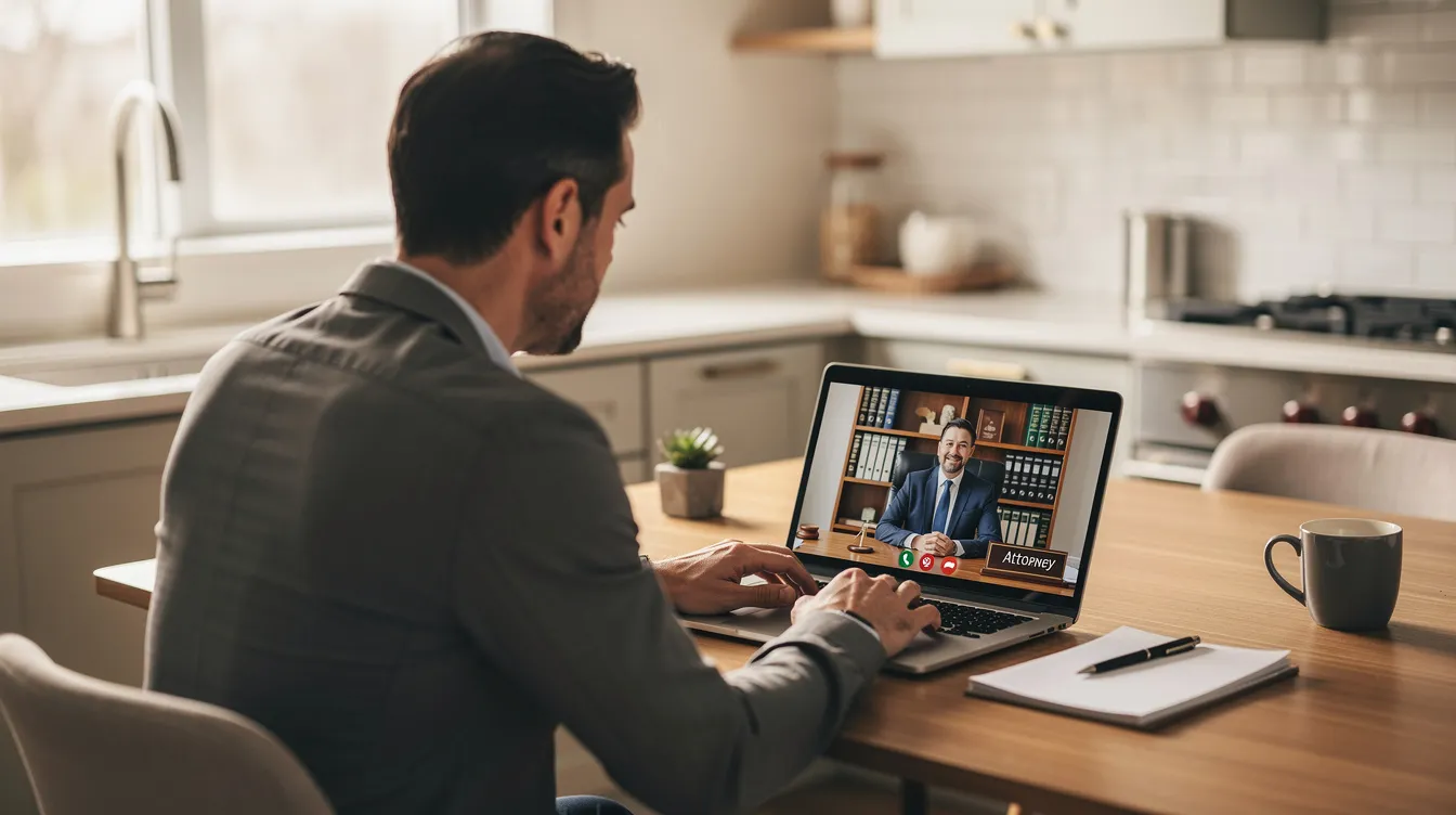 A person is sitting at a kitchen table, engaged in a video call on their laptop, likely discussing their financial situation and options for filing bankruptcy, such as chapter 7 bankruptcy, with a legal professional. The scene illustrates the modern approach to seeking legal assistance and guidance through the bankruptcy process.