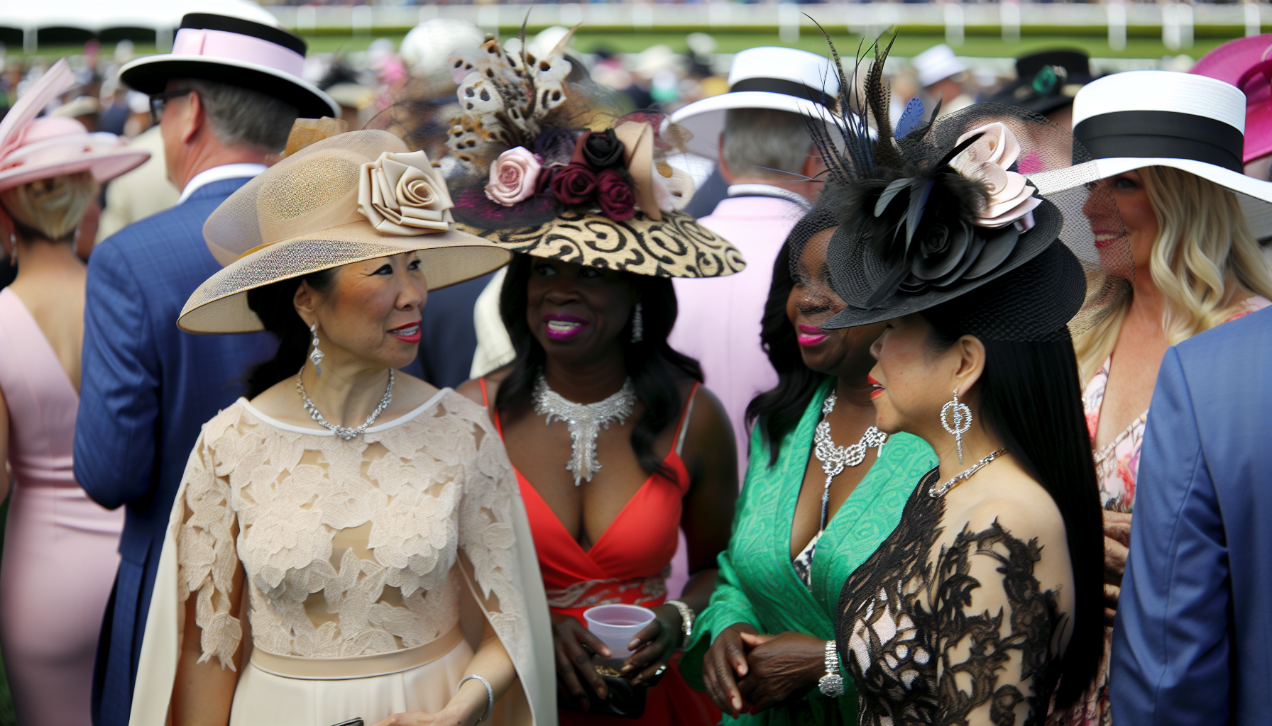 Women wearing dress hats at a horse racing derby event