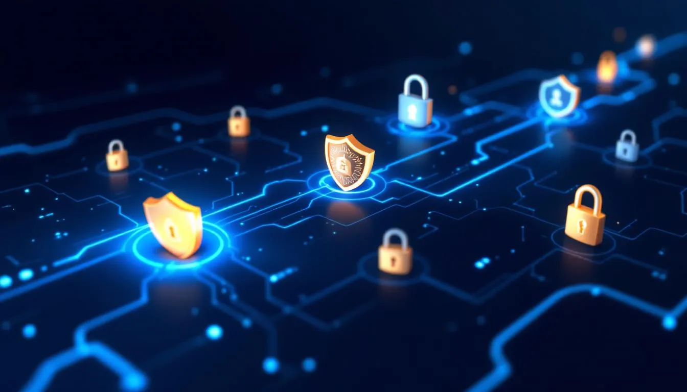 The illustration features various security shields and locks symbolizing the protection of sensitive payment data as it flows through digital networks, highlighting the importance of secure payment gateways in online payments and electronic transactions. This visual representation emphasizes how payment processors safeguard customer payment details against fraud and unauthorized access.