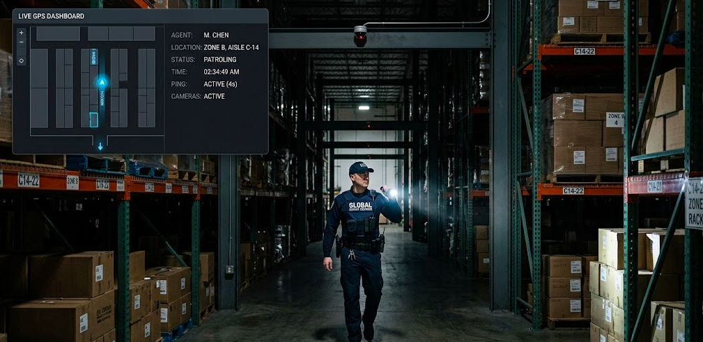 Security guard monitored through real-time GPS tracking during a night patrol.