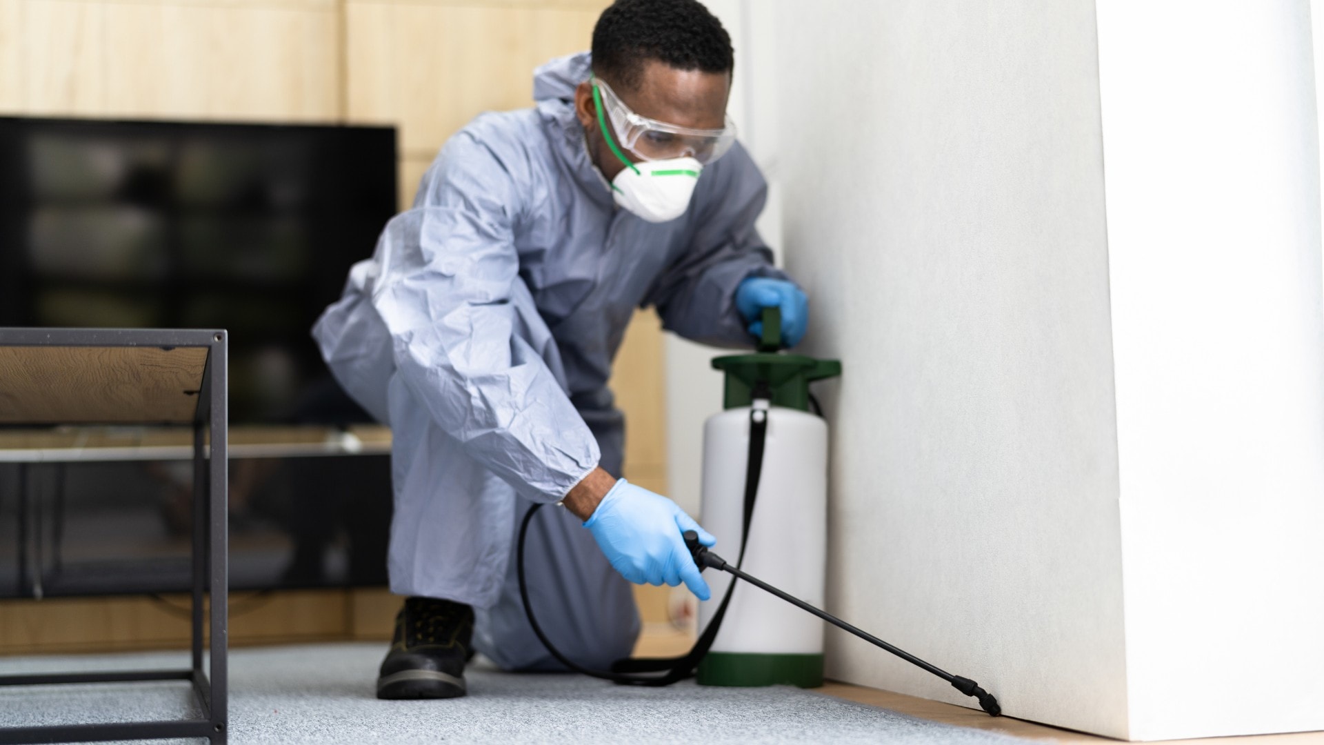 A pest control professional spraying a home with insecticide.