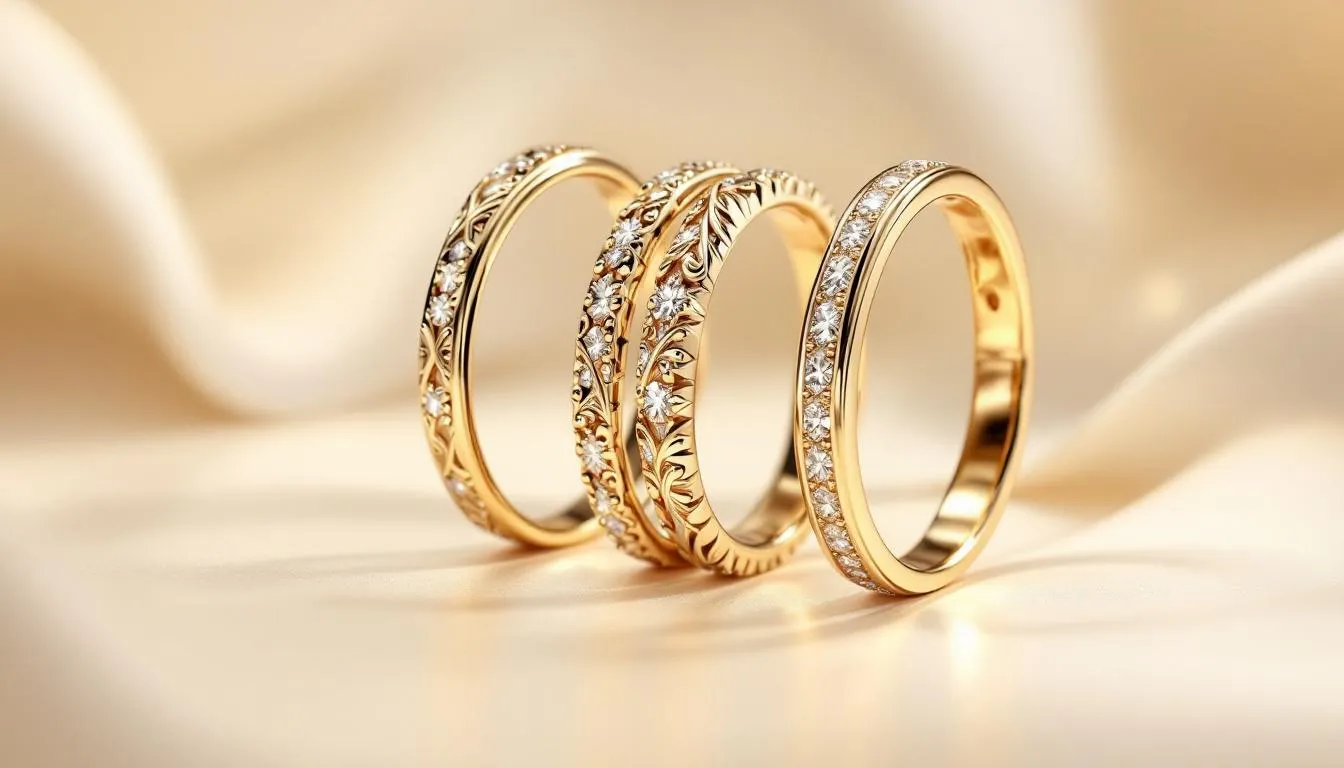 This image showcases a stunning collection of golden jewelry, featuring elegant engagement rings and wedding rings adorned with sparkling cubic zirconia. The display includes a variety of pieces such as necklaces, earrings, and bracelets, all designed to celebrate love and special occasions.