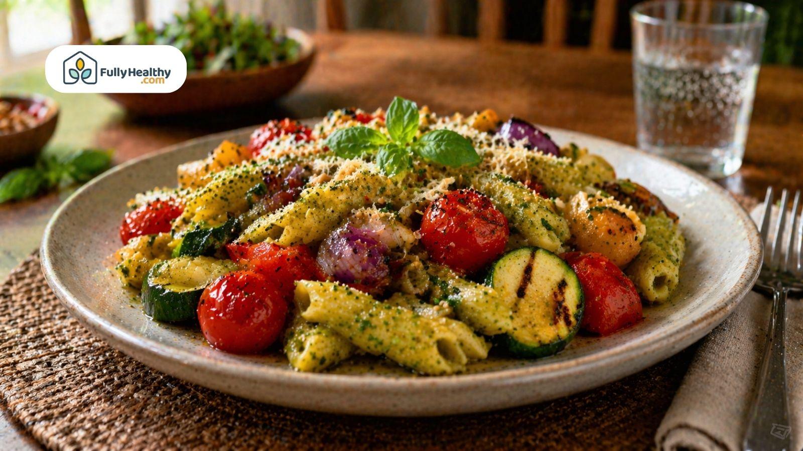 Cooked chickpea pasta with grilled vegetables pesto and fresh herbs