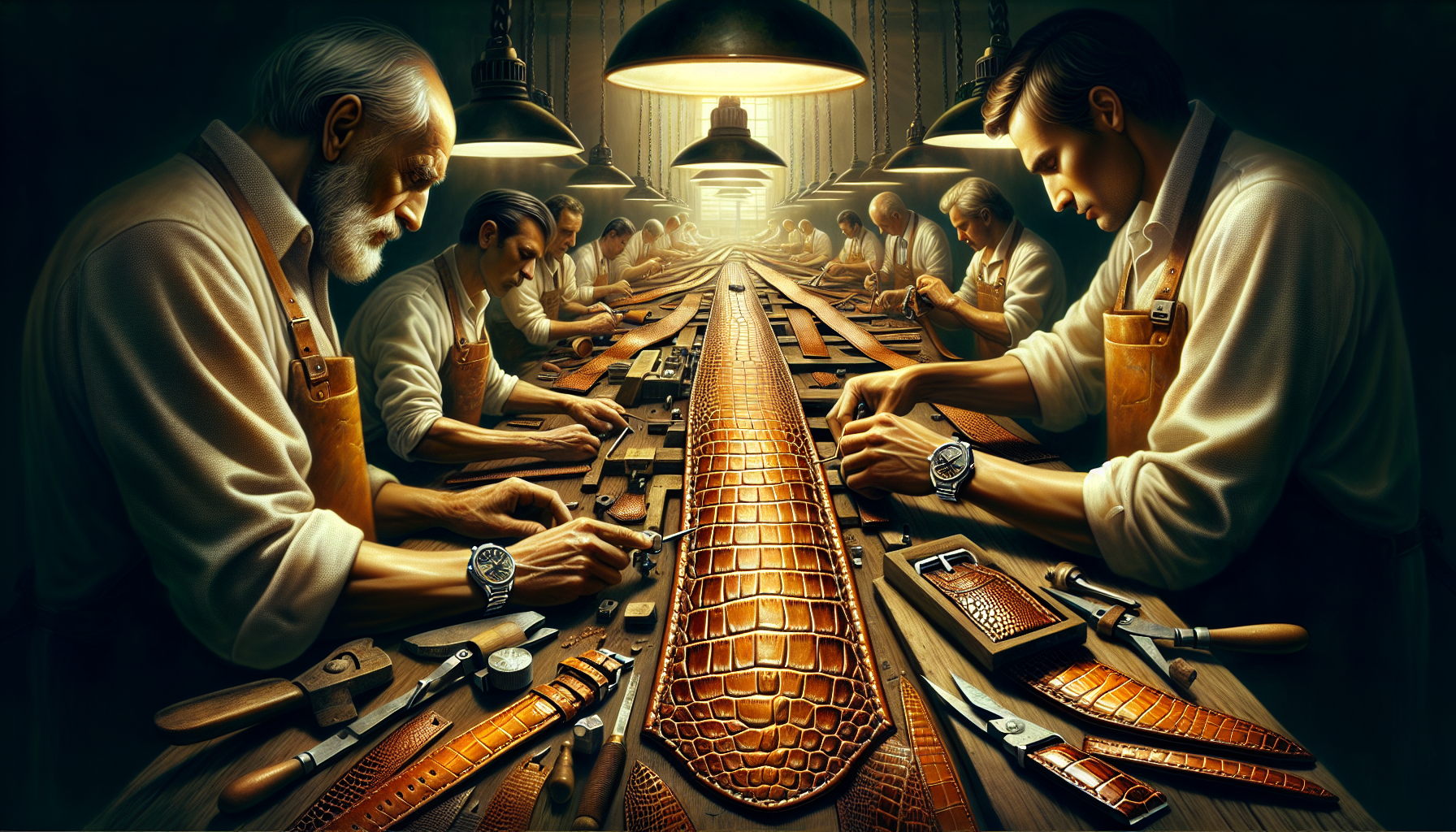 Artistic depiction of master artisans crafting crocodile watch straps