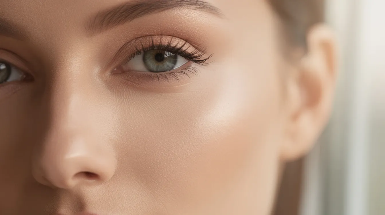 A close-up of a woman's face highlights her smooth, healthy skin around the eyes, showcasing a youthful appearance with natural lighting. The image emphasizes the skin texture and quality in the eyelid area, free from sagging skin and under-eye bags, reflecting the benefits of non-surgical blepharoplasty treatments.