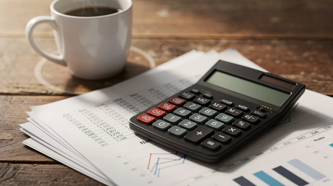 The image features a calculator alongside financial documents on a wooden desk, with a coffee mug nearby. This setup suggests a focus on home equity lending and financial planning, possibly related to home equity loans or lines of credit.