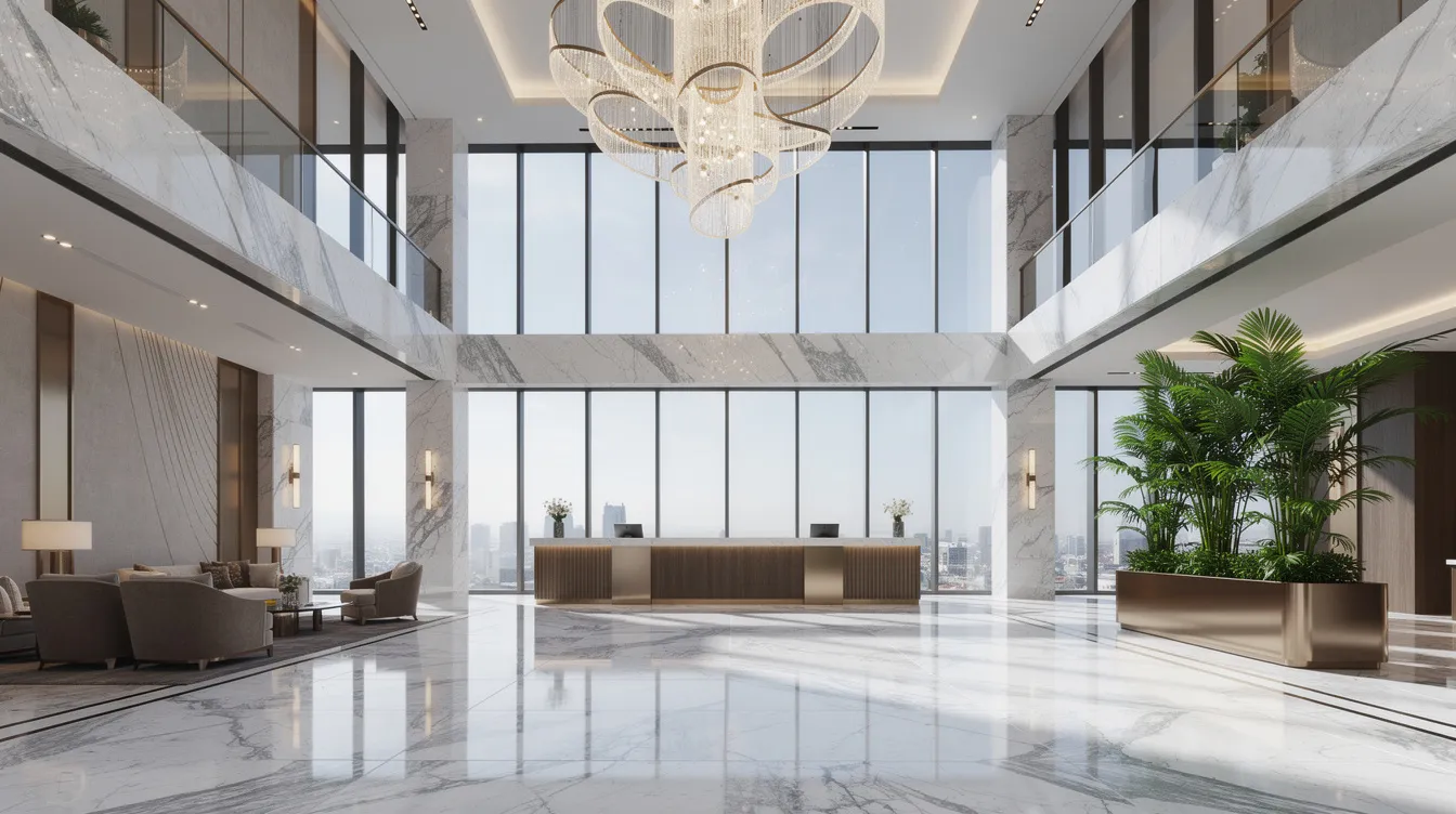 The image depicts a contemporary luxury building lobby featuring elegant marble floors and soaring high ceilings, creating a grand entrance for residents and visitors. This impressive space embodies the essence of modern living in downtown Toronto, near the intersection of Bloor Street and Yonge Street, with access to major subway lines and all the unparalleled luxuries that define this internationally acclaimed residence.