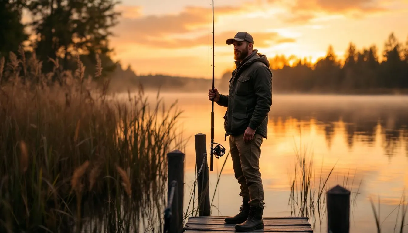 An angler stands by a river at dusk, proudly holding a fishing rod equipped with a convenient hook keeper, ready for night fishing. The visible tip of the rod enhances increased nighttime visibility, making it easier to fight fish in low light conditions.
