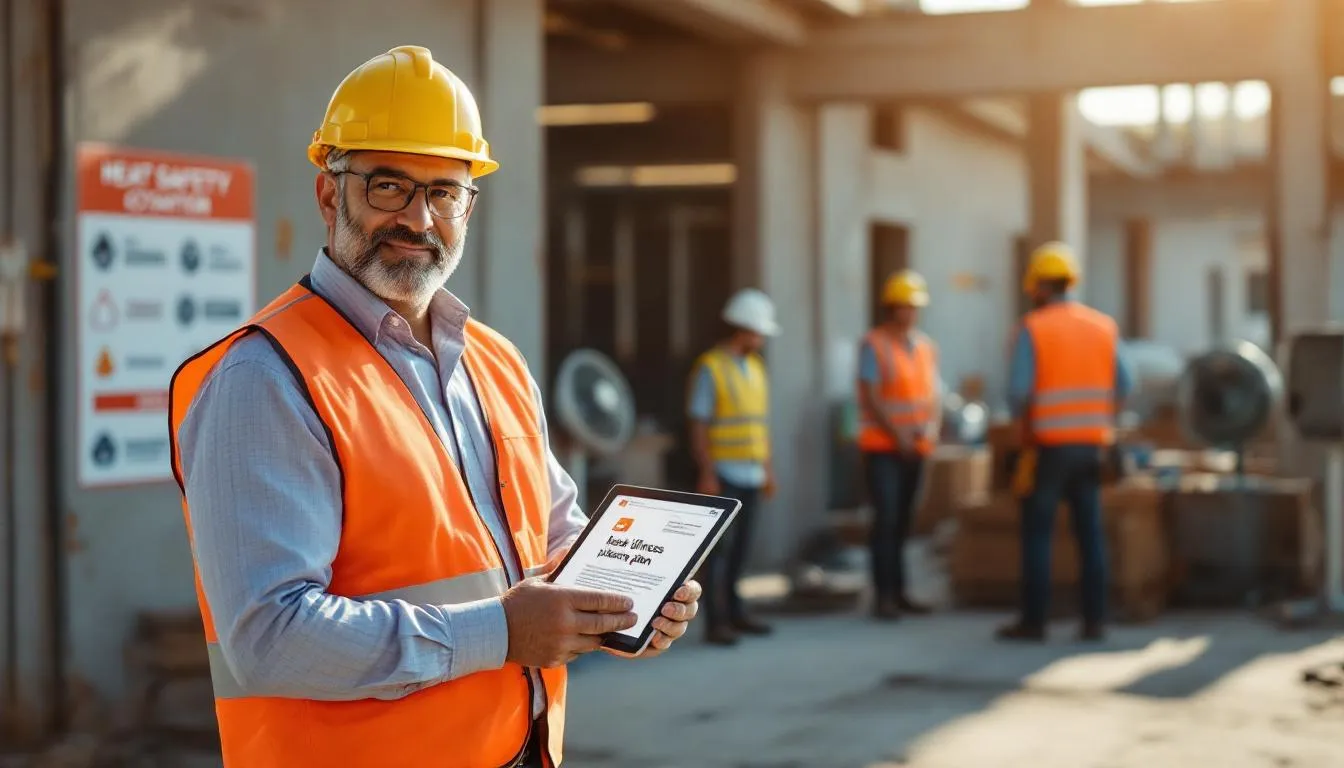 A business owner or safety manager, dressed in business-casual attire, is reviewing a safety plan on a clipboard at a sunny construction site, where workers in safety vests are visible in the background. The document prominently features terms like "heat illness plan," emphasizing the importance of workplace safety in extreme heat conditions, while elements like a first aid kit and an OSHA heat safety poster add context to the scene.