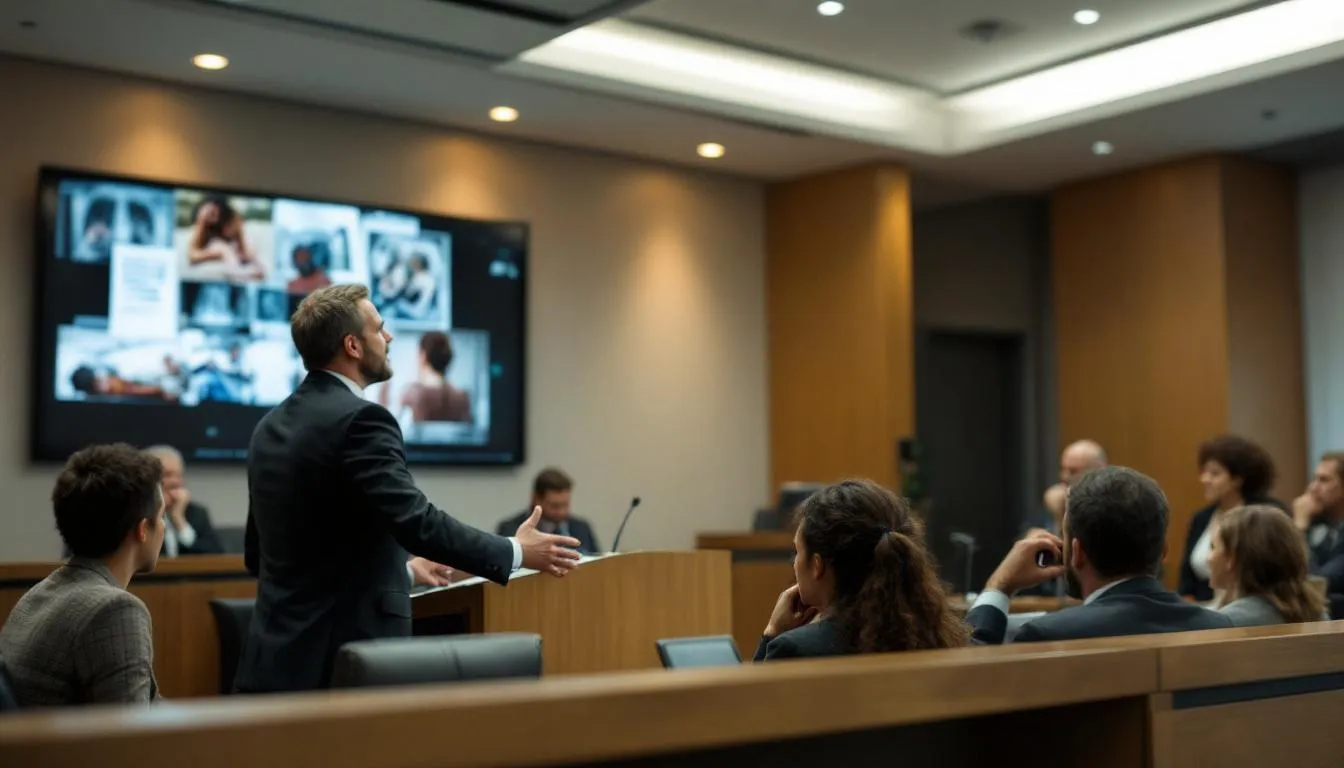 A courtroom scene where a personal injury lawyer is presenting a case.