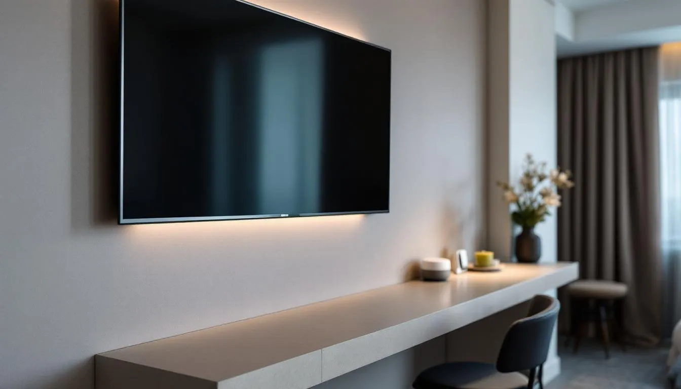 In the image, a modern hotel room features smart technology with voice-controlled devices, showcasing a sleek and stylish design typical of a boutique hotel. The room is equipped with various amenities that enhance guest communication and convenience, reflecting the capabilities of a property management system like Prostay's PMS, which supports direct bookings and integrated payment solutions.