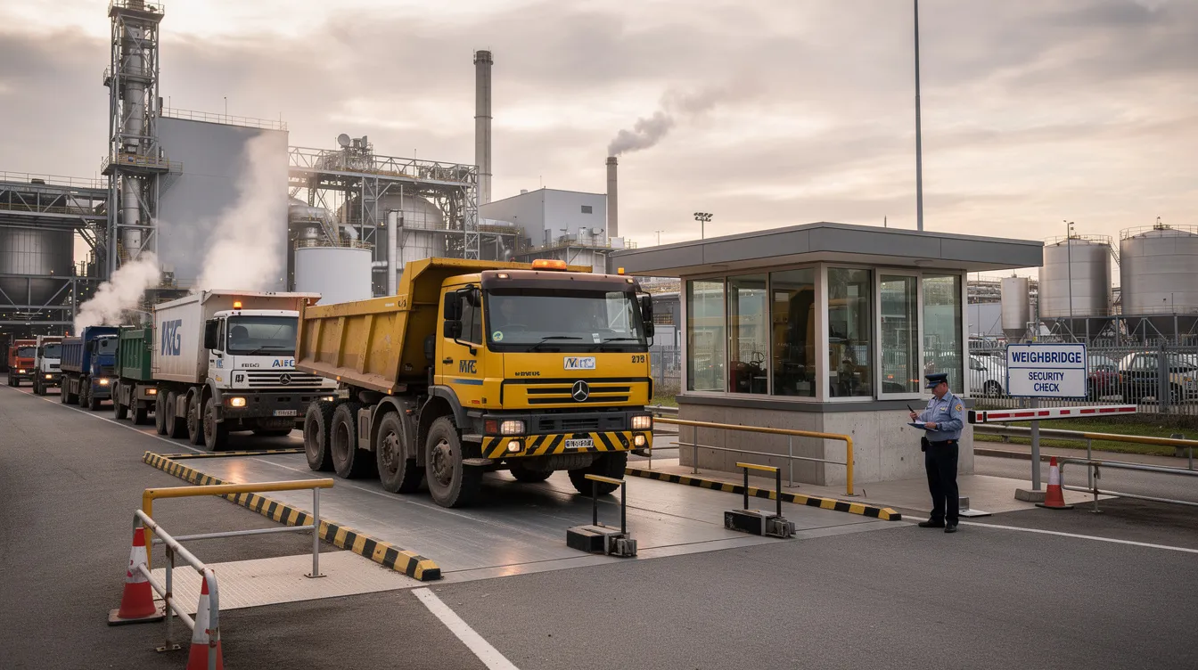 A line of industrial trucks is waiting near a weighbridge at the entrance of a large rice mill plant, which features a security gate. This scene reflects the logistical aspect of rice production, highlighting the transportation of raw paddy and other materials essential for the milling process.