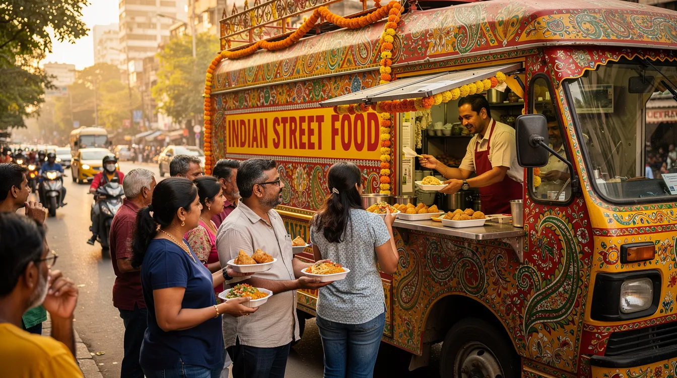 95952711 ac0f 417f 8c49 ba5dfebdddfc A vibrant Indian food truck adorned with traditional decorations is bustling with customers on a lively street, showcasing the rich cultural heritage of Jaipur. This food truck business is a lucrative small business idea, attracting both local and international tourists with its flavorful offerings.