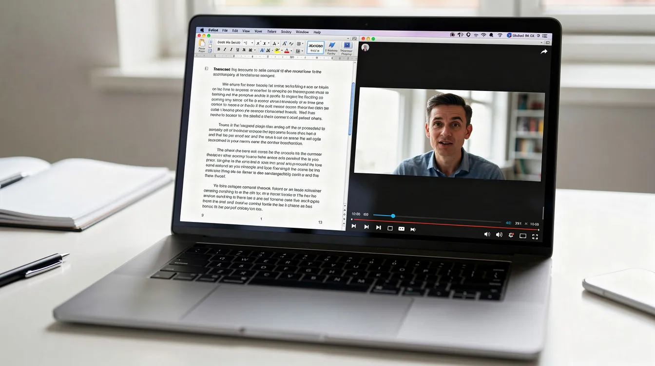 The image shows a laptop screen with a word processor open, displaying a transcript document alongside a video player. This setup illustrates the transcription process, where users can transcribe video to text, edit written content, and generate subtitles for video files.