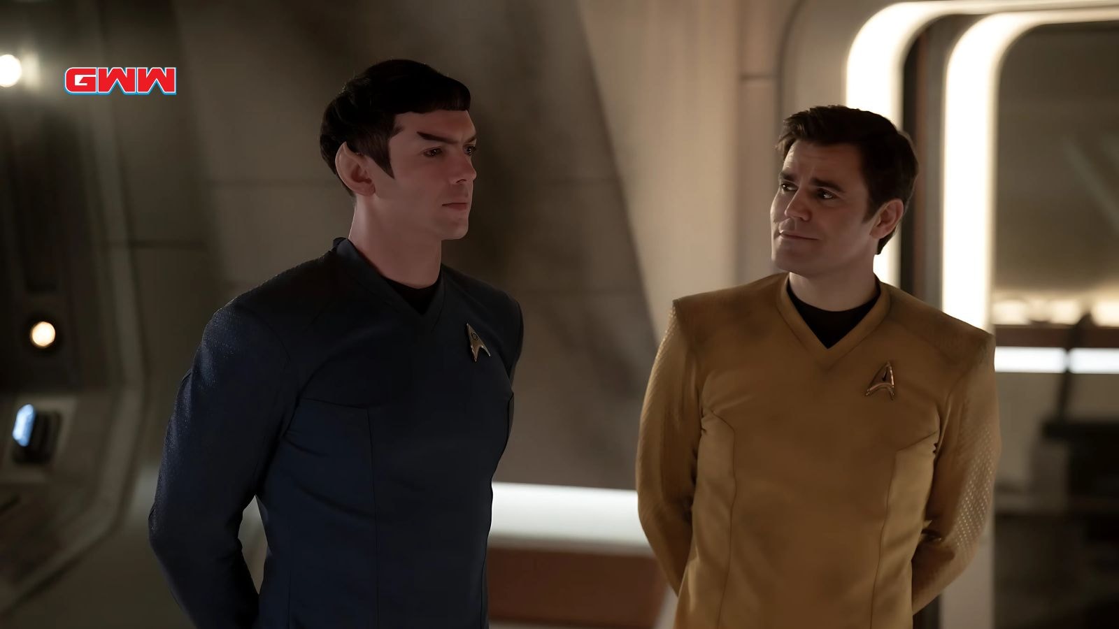 Ethan Peck as Spock and Paul Wesley as Kirk in Star Trek: Strange New Worlds Season 3