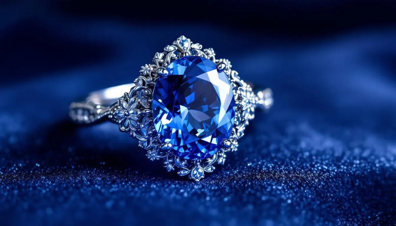 The image features a stunning sapphire, the September birthstone, set in elegant sterling silver jewelry. This vibrant blue gemstone symbolizes wisdom and purity, reflecting its classic beauty and significance in ancient times.