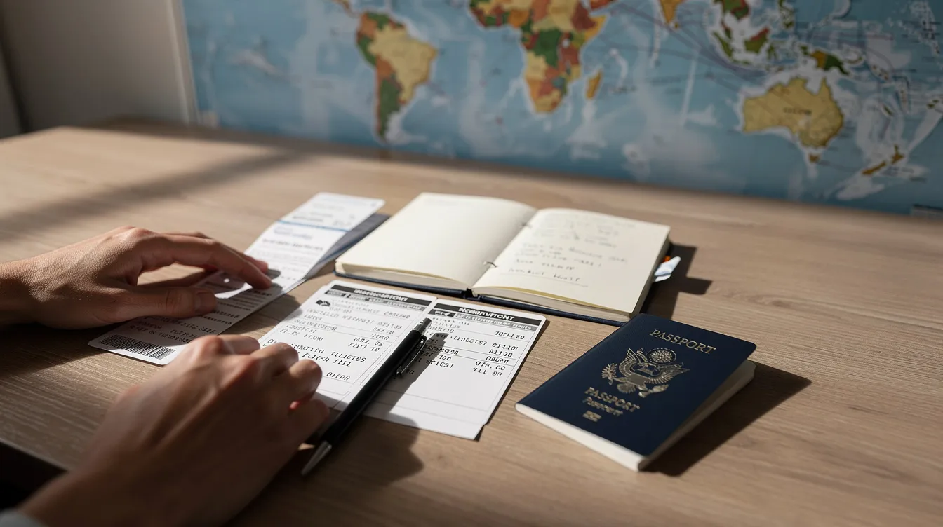 A person is seen organizing travel documents and a passport on a desk, with a world map in the background, indicating preparation for a trip that may involve applying for an Irish visa or other entry visas. The scene suggests an emphasis on travel planning and the necessary documentation for entering Ireland or other destinations.