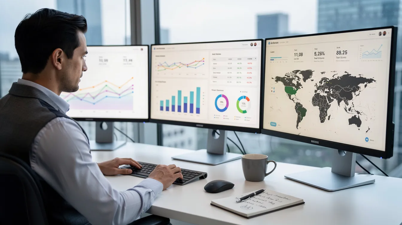 The image depicts a professional intently reviewing data on multiple screens, analyzing various cybersecurity risks and assessing the organization's current cybersecurity posture. This scenario highlights the importance of effective risk management practices and the implementation of the NIST cybersecurity framework to mitigate cyber threats and enhance data security.