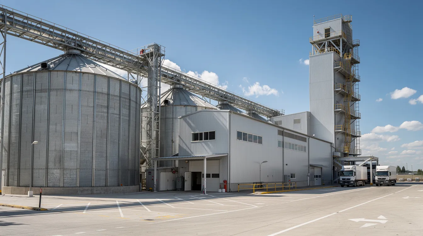 9596d28f 25cf 465c bf80 49b148383ff3 The image depicts an industrial wheat flour milling facility, featuring large metal grain storage silos and advanced conveyor systems for processing wheat. This setup is essential for a profitable manufacturing business, showcasing the machinery and layout typical of a small scale flour mill aimed at maximizing production capacity and efficiency.