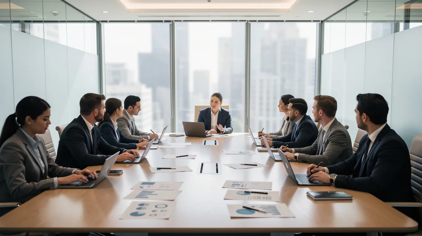A group of professionals is engaged in a meeting around a conference table, surrounded by documents and laptops, discussing various aspects of renewable energy projects, including power purchase agreements and project development strategies. The setting reflects a collaborative environment focused on advancing renewable energy investments and navigating regulatory compliance in the energy sector.