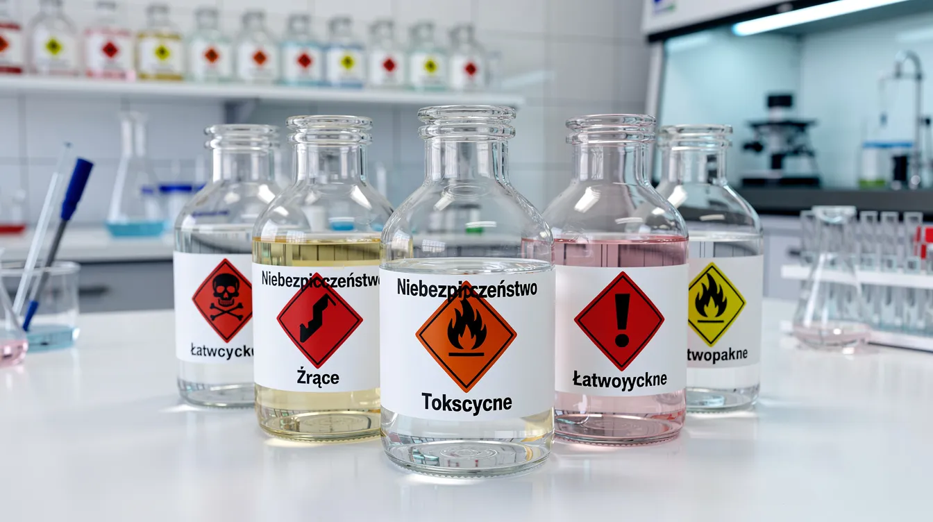Na obrazku znajdują się kolorowe piktogramy bezpieczeństwa chemicznego umieszczone na butelkach z substancjami chemicznymi w laboratorium, kt&oacute;re informują o ich właściwościach i potencjalnych zagrożeniach. Piktogramy te są istotne dla zrozumienia reakcji chemicznych oraz przemian substancji, co jest tematem zajęć w klasie 7 dział 1.
