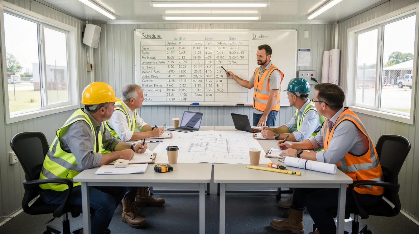 A group of construction professionals, including business owners and key employees, is gathered in a job trailer, collaboratively reviewing documents and discussing a whiteboard schedule focused on their construction projects. This meeting emphasizes the importance of effective succession planning and leadership roles in ensuring a smooth transition for the future of their construction company.