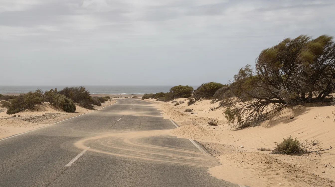 Una carretera costera con acumulaciones de arena y arbustos del desierto doblados por el viento.