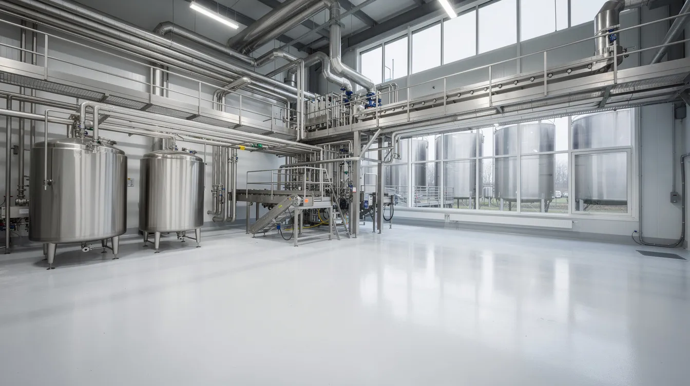 The image depicts a large stainless steel dairy processing facility, featuring numerous pipes and storage silos, indicative of a milk powder manufacturing plant. This state-of-the-art facility is designed for efficient production processes, essential for the milk powder industry and meeting rising consumer demand for dairy products.