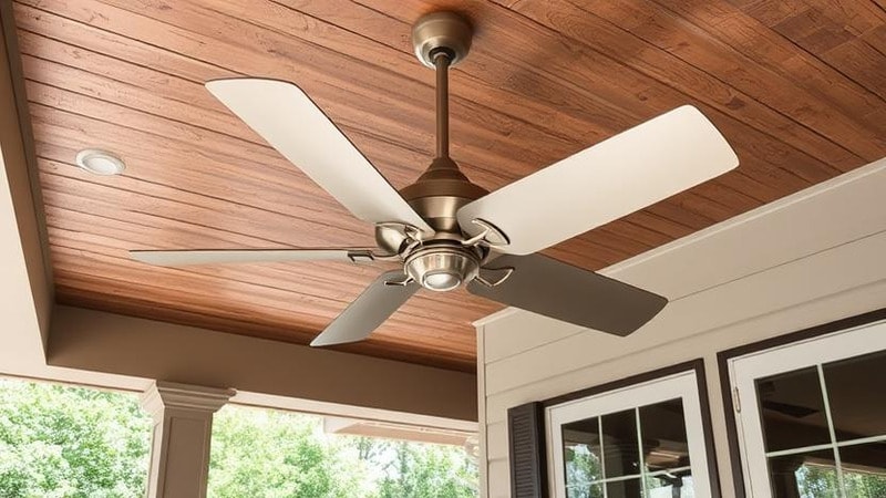 A patio with modern metallic finishe outdoor fan