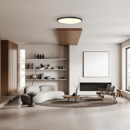 Slim round flush-mount ceiling light with diffused panel, offering a minimalist alternative to a chandelier in a modern living room.