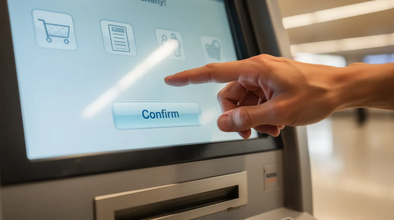 A traveler's hand is seen pressing a button on an ATM touchscreen in a brightly lit indoor location, indicating a cash withdrawal transaction. The ATM screen displays options for withdrawing cash, highlighting the ease of accessing money while traveling.