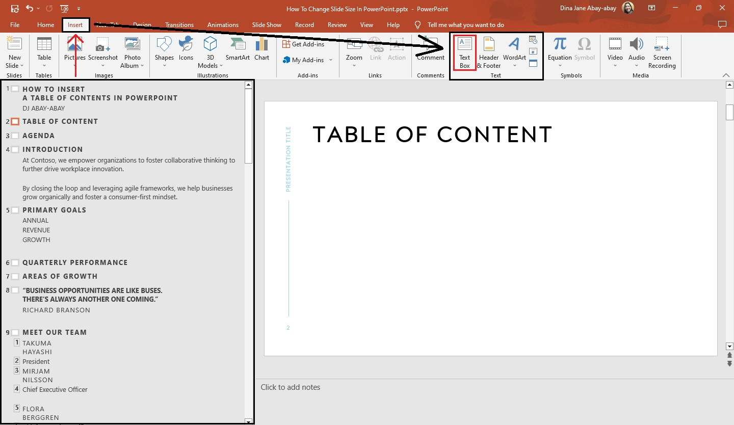 Once your outline appear at the left side of your presentation, go to "Insert" tab and select "Text Box"