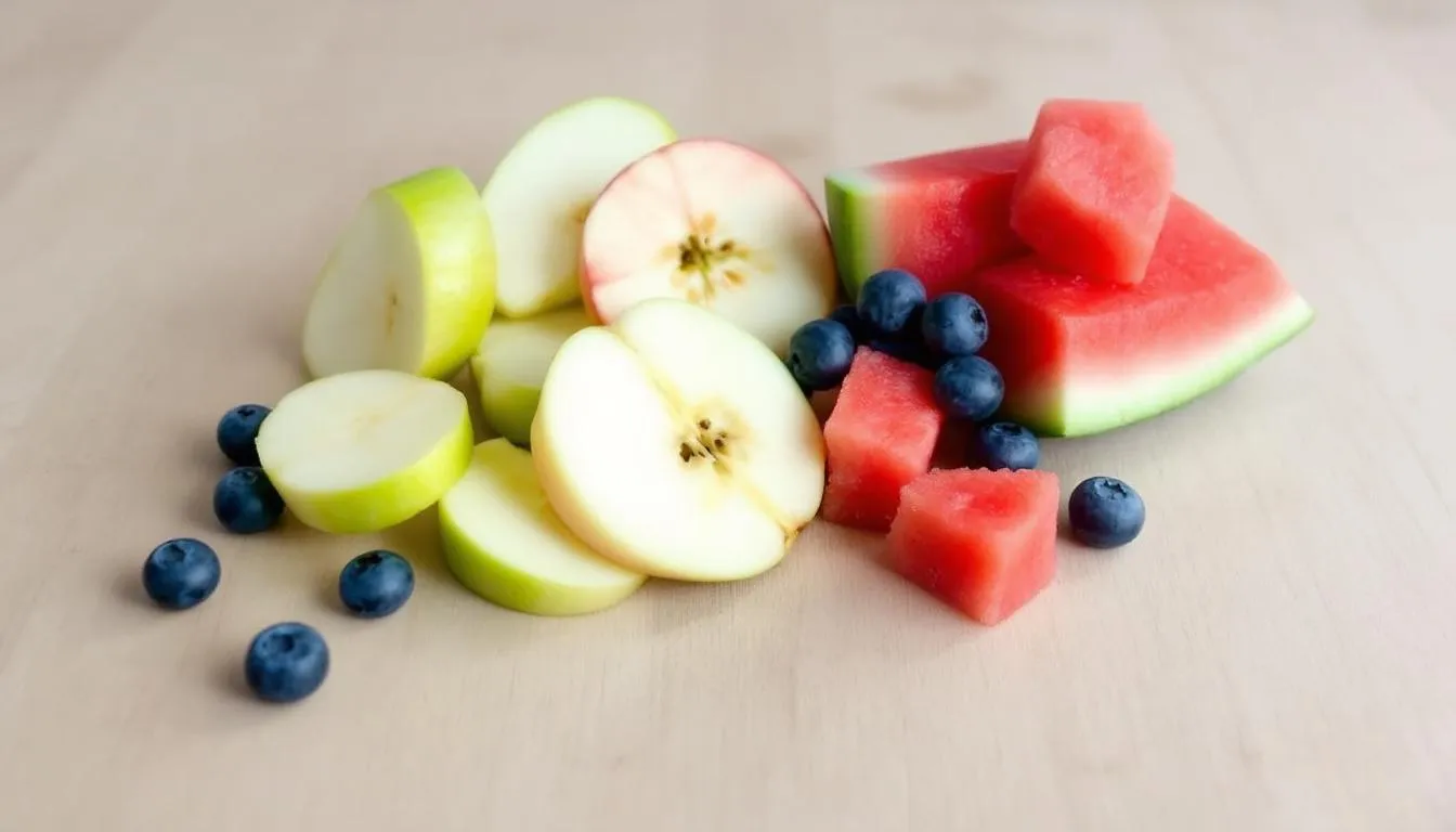 An assortment of dog-safe fruits is displayed, featuring blueberries, apple slices, and watermelon, all of which are healthy treats for dogs. These fruits can be a refreshing addition to your dog