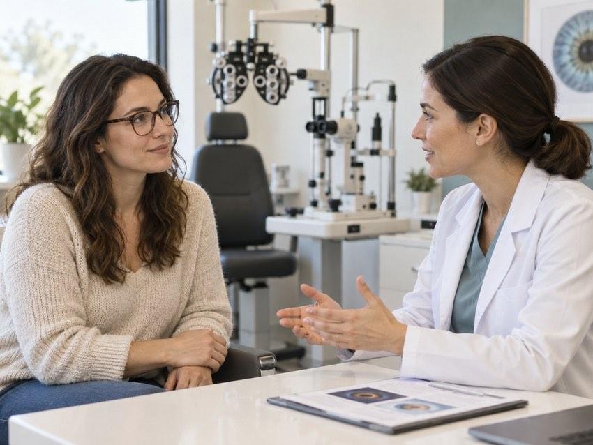 Patient discussing LASIK eye surgery with an ophthalmologist.