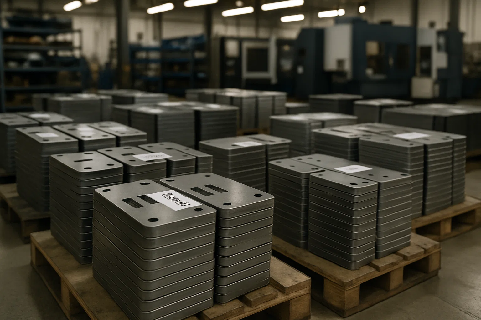 Stacked batches of CNC-profiled steel components ready for repeat production.