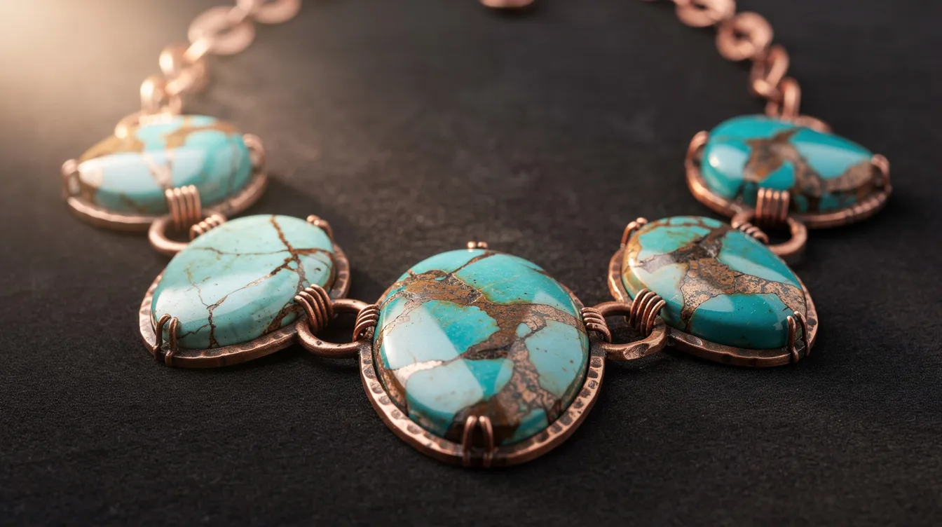 This image features a stunning copper and turquoise necklace that showcases the vibrant blue-green hues of the turquoise stone paired with the warm tones of copper. The necklace's unique design highlights distinctive copper veining, making it a one-of-a-kind piece of jewellery.