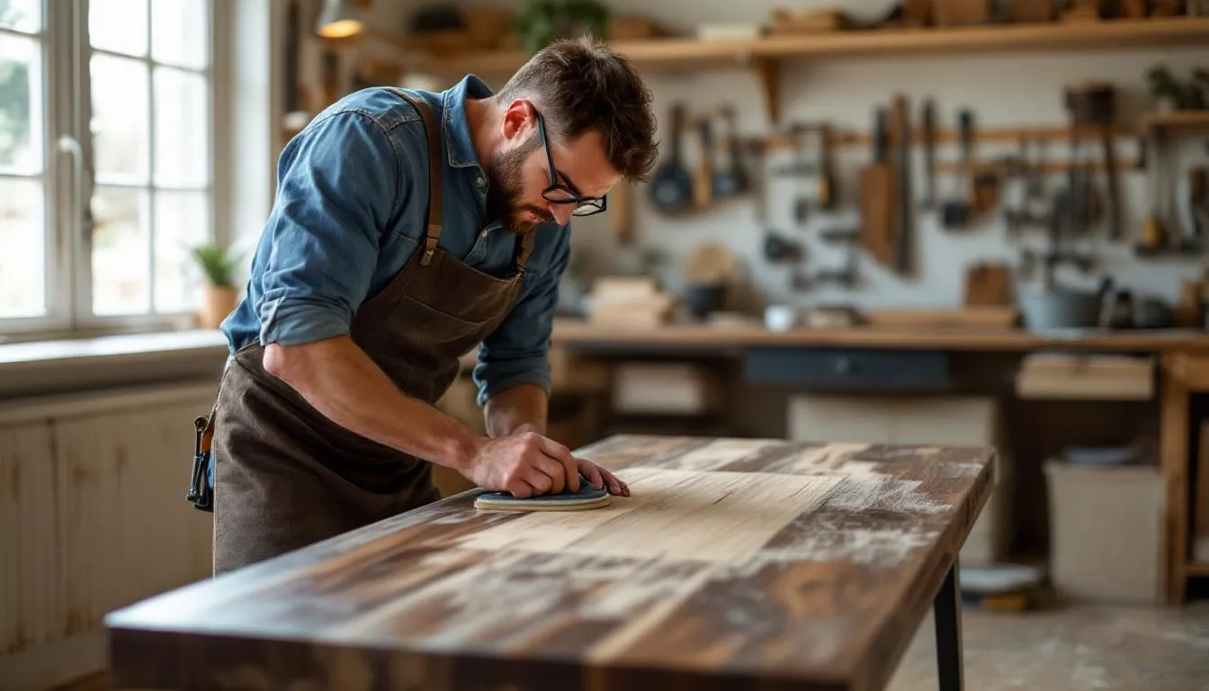 A skilled craftsperson is hand-finishing a custom timber coffee table in a well-equipped workshop, showcasing quality craftsmanship and attention to detail. The setting evokes a creative space filled with a variety of tools and materials, highlighting the beauty and longevity of handcrafted wooden coffee tables.