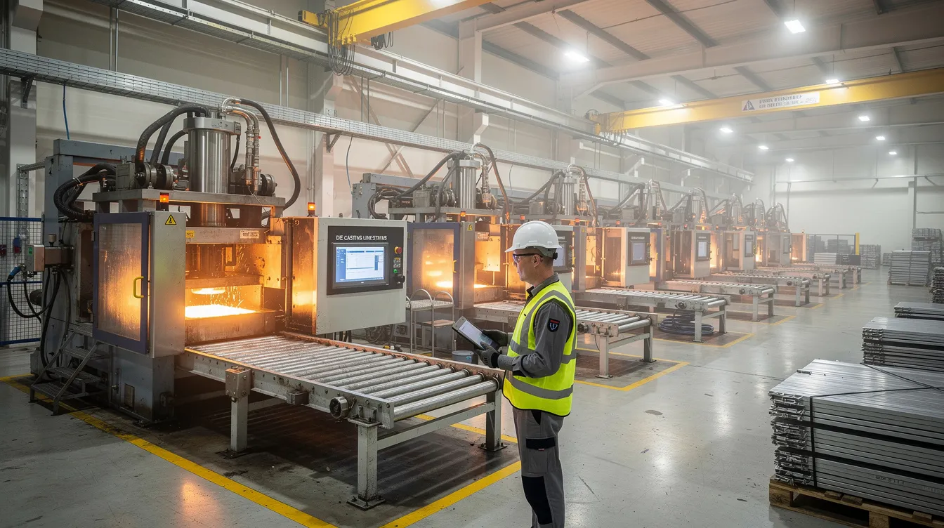 The image depicts an industrial die casting facility featuring multiple die casting machines, with an operator attentively monitoring the aluminum die casting process. The scene showcases the high-pressure injection of molten aluminum into casting dies, emphasizing the manufacturing process of producing complex shapes and high-quality aluminum parts.