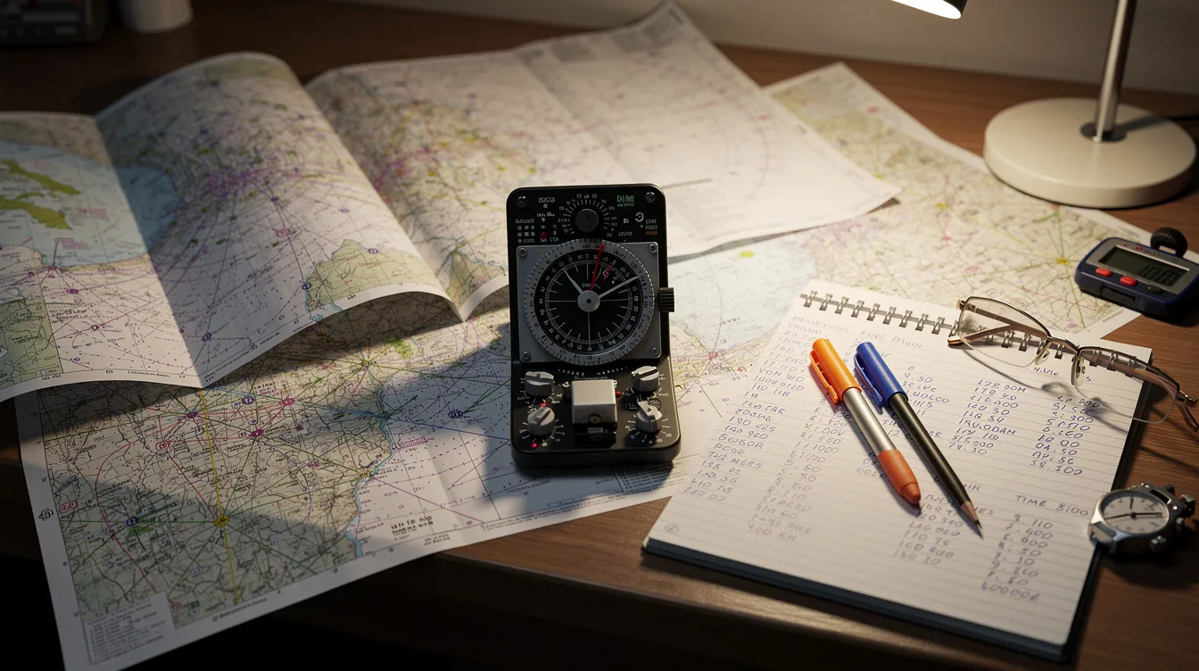 The image shows aviation charts and an E6B flight computer placed on a study desk, symbolizing the essential study materials for student pilots preparing for their FAA written test. This setup reflects the focus on aeronautical knowledge and training required to achieve a private pilot certificate.