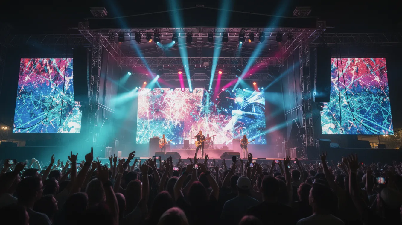 The image depicts a large concert stage illuminated at night, featuring vibrant LED video panels that create a colorful backdrop for the band performing in front of an enthusiastic crowd. The scene captures the energy of live events, showcasing the impressive display of the LED wall, which enhances the overall experience for attendees.