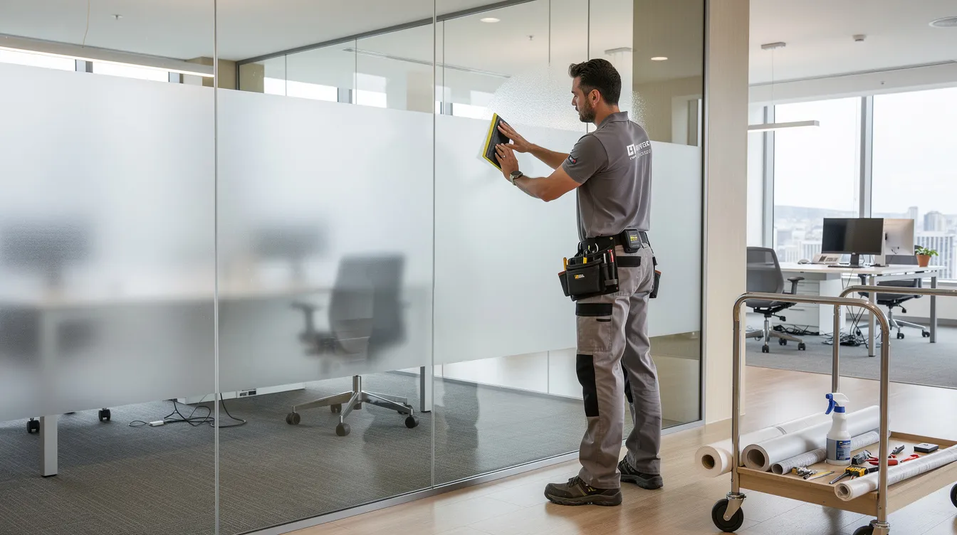 A professional installer is applying frosted decorative window film to a large glass office partition in a modern workspace, enhancing privacy while still allowing natural light to filter through. The film transforms the plain glass surface with a stylish, textured look, making it ideal for both residential and commercial spaces.