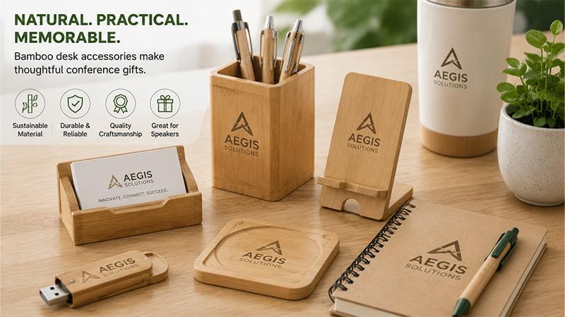 Bamboo desk accessories used as sustainable corporate gifts for conferences, speaker events, and office giveaways