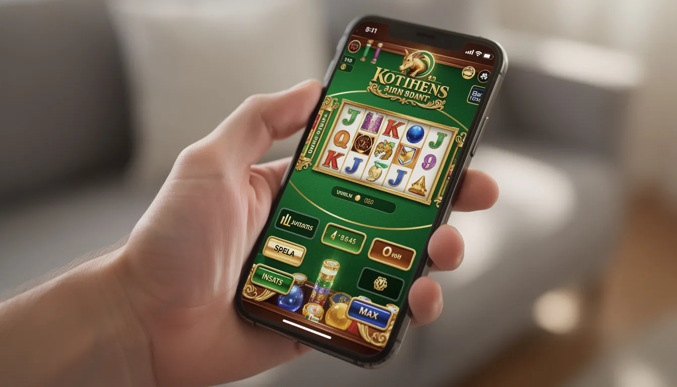 En modern smartphone hålls i handen och visar ett casino-gränssnitt med olika spelalternativ, inklusive slots och bordsspel. Användaren kan enkelt logga in hos Swift Casino för att spela ansvarsfullt och ta del av bonusar och free spins.