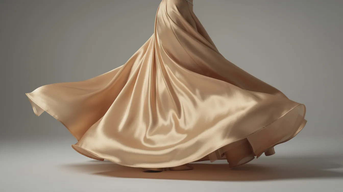 The image features a flowing champagne satin ballgown skirt, showcasing beautiful movement and draping, perfect for a maid of honor or bridesmaid dress. Its elegant design and lightweight fabric make it an ideal choice for a summer wedding in a garden setting.
