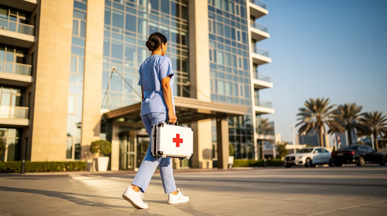 A nurse is walking towards the entrance of a modern apartment building in Dubai, carrying a medical kit on a sunny day, symbolizing the convenience of lab tests at home and routine health checkups in the city. The scene reflects the commitment to health and wellness, with the Dubai Health Authority supporting accessible medical services.