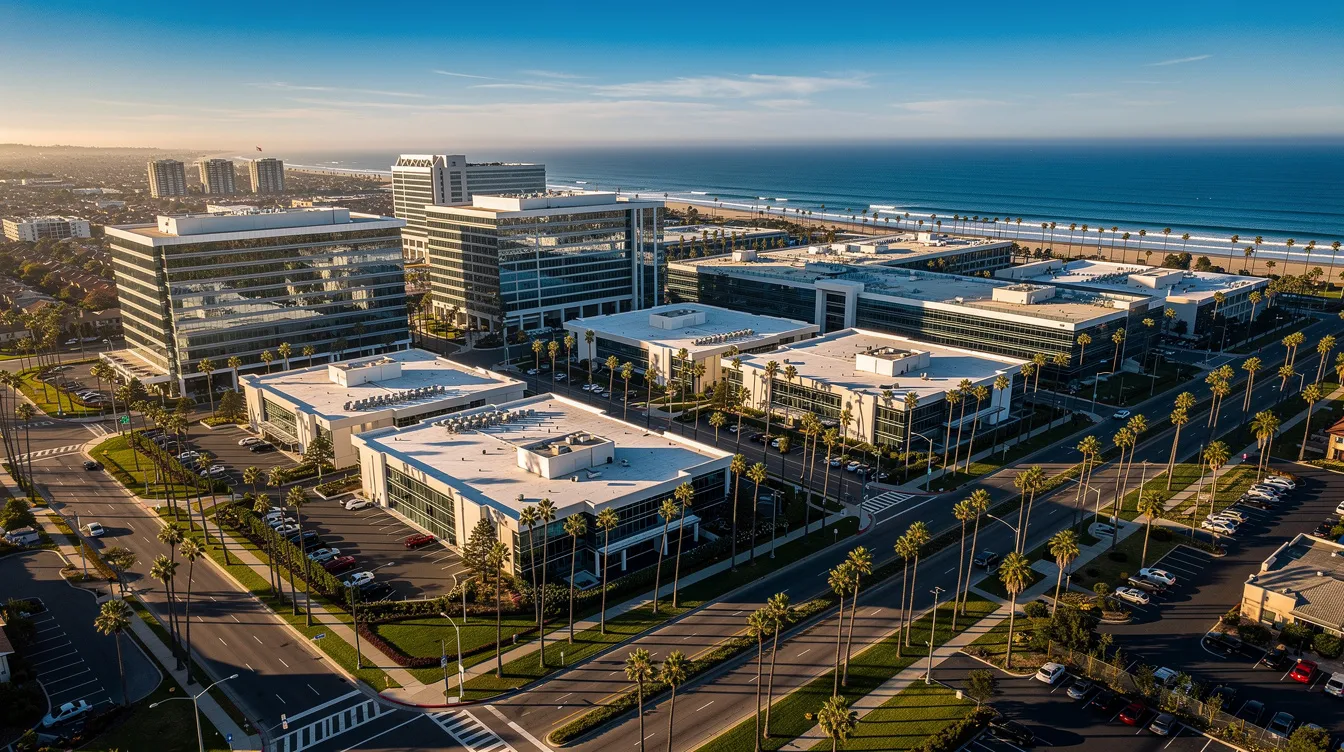 An aerial view showcases modern office buildings and commercial parks in a Southern California coastal city, surrounded by palm trees under a clear blue sky. This vibrant scene highlights the potential for commercial build out costs per square foot in a thriving business environment.