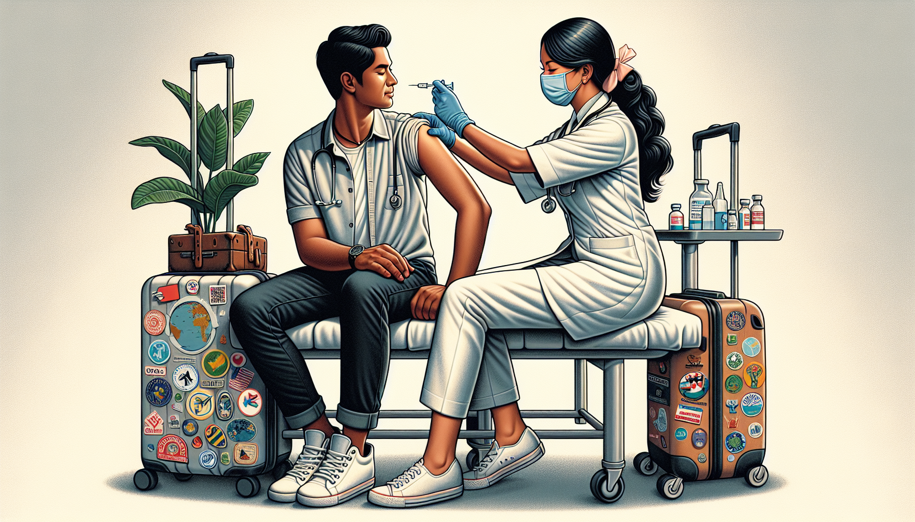 Illustration of a traveler receiving a vaccine