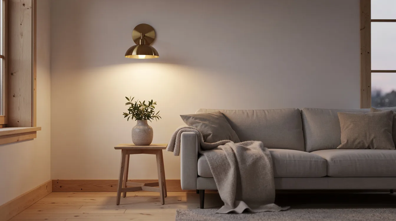 En elegant vägglampa i mässing sprider ett varmt ljus i ett skandinaviskt vardagsrum med vita väggar och trädetaljer, vilket skapar en inbjudande atmosfär. Lampan är en perfekt detalj för att lyfta inredningen och ge rummet en stilfull belysning.